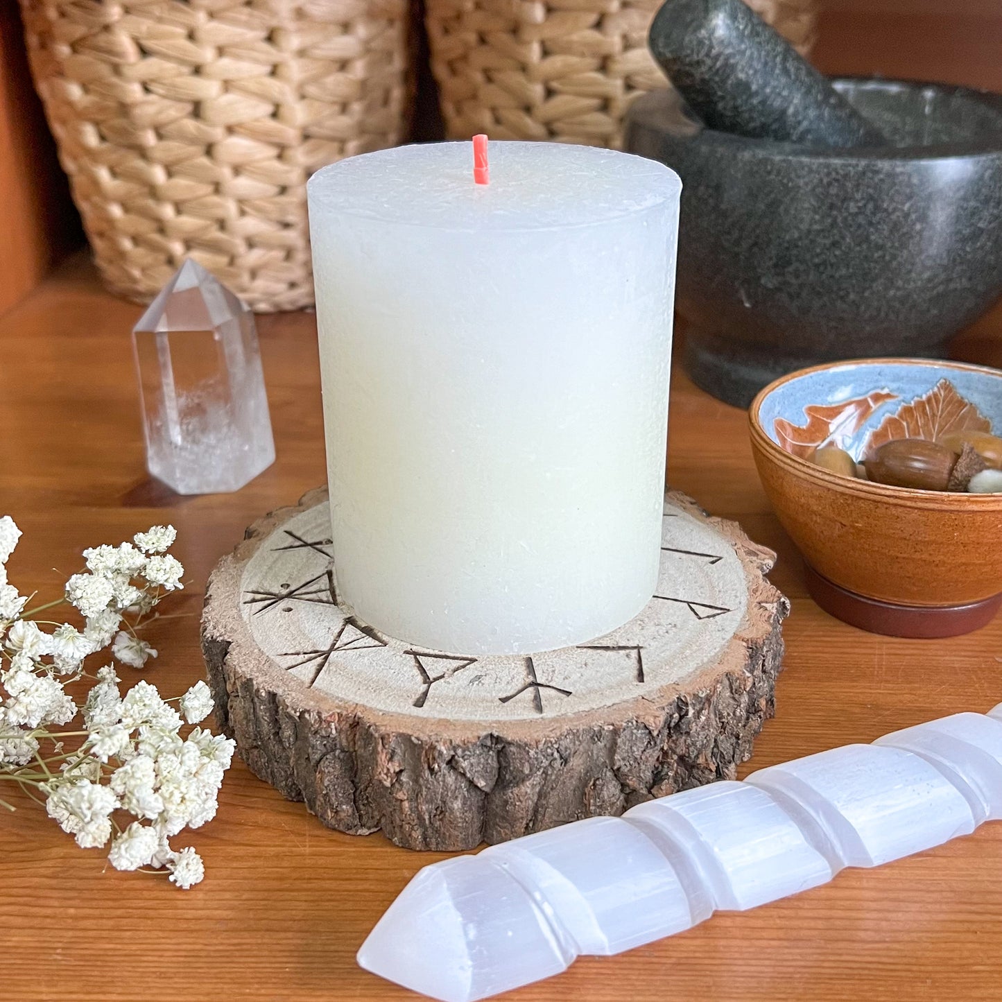 White Candle & Rune Candle Holder